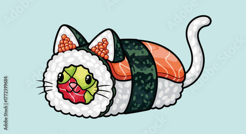 Cute sushi cat character cartoon maki roll illustration