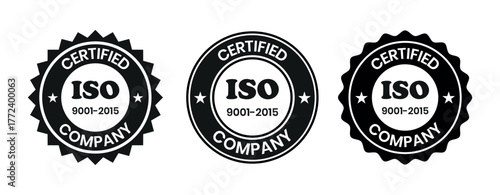 ISO 9001-2015 Certified Company Stamp. Quality Assurance and Compliance Certification Logo for Business and Manufacturing. ISO 9001-2015 Certified Company badge, flat vector, isolated illustration.