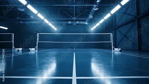 Modern Indoor Badminton Court Rendered In Dark Blue Lighting and Industrial Architecture