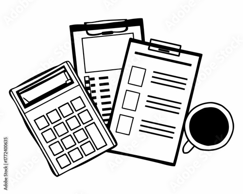 Calculator, clipboards, and coffee cup