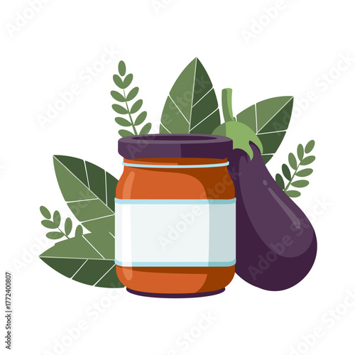 Eggplant spread jar with empty label in flat vector design 
