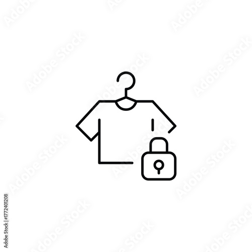 T-shirt on rack and lock. Fashion apparel security, exclusive access. Pixel perfect, editable stroke vector icon