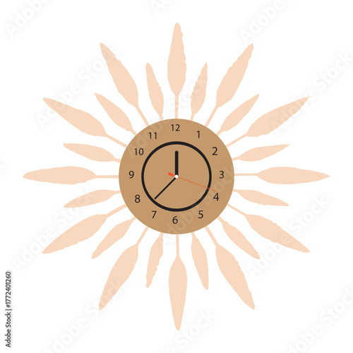 A sunburst clock isolated on white background shows the time at seven oclock, perfect for adding a warm and stylish touch to any room
