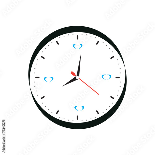 A clock with a white face and black hands indicating the time, isolated on white background the clock has a black border and blue markings
