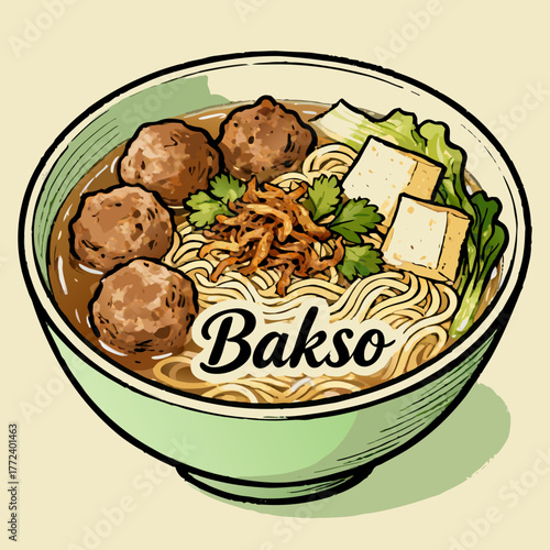 Vector illustration of bakso a traditional Indonesian meatball soup, a flavorful dish with noodles and garnishes in a green bowl
