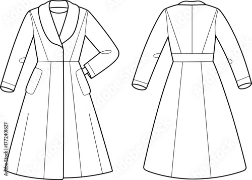 CAD drawing flat vector illustration, women’s long coat fashion design, sewing pattern template, garment technical sketch, apparel outline, shawl collar style