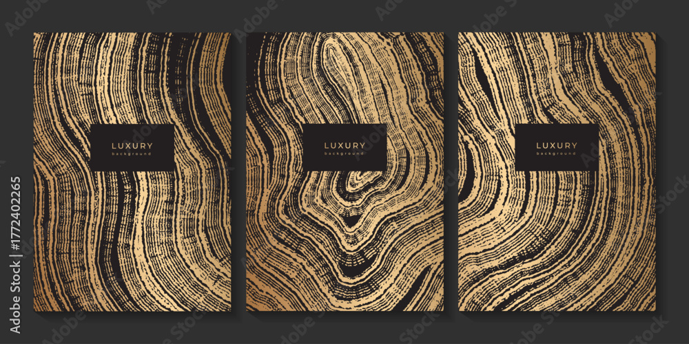 Fototapeta premium Set of golden templates with wooden stump texture. Collection of gold backgrounds with wood imprint. Annual tree rings. Wood grain. Concentric circles. Templates for business cards