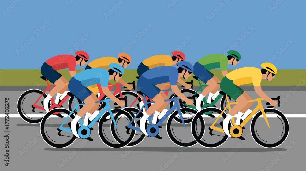 Fototapeta premium Group of competitive road cyclists racing along a flat road set against a solid blue background for advertisement.