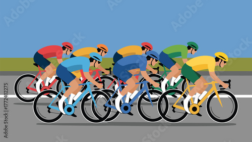 A group of cyclists in colorful jerseys racing on a gray road under a clear blue sky illustration
