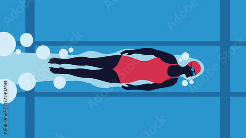 A woman in a red swimsuit swimming in a pool with lane markers and bubbles surrounding her head area