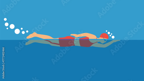 An illustration of a person swimming in blue water with bubbles and wearing a red cap and goggles