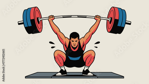Illustration of a weightlifter squatting while holding a barbell overhead with weights on each side