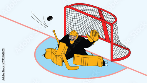 A cartoon illustration of a hockey goalie blocking a puck in front of a red hockey net on ice rink