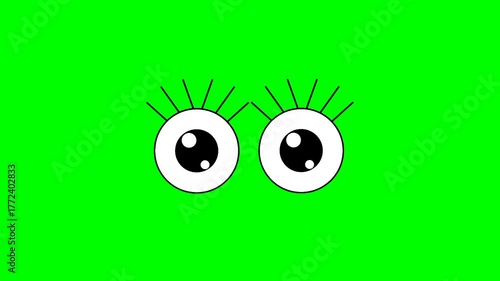 Cute cartoon eyes with long eyelashes on green screen background.