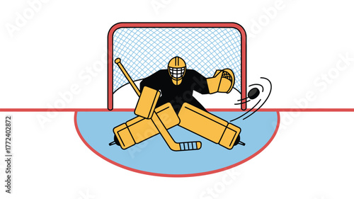 A cartoon hockey goalie in yellow and black blocking a puck in front of a net on a blue ice rink