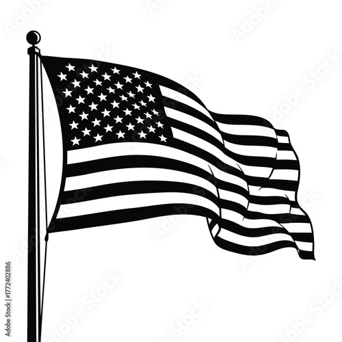 American flag waving on flagpole monochrome black and white symbol national freedom sign