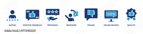 Quality in Focus Icons set vector illustration blue with Rating, Positive feedback, Testimony, Response, Dislike, Online review, Quality