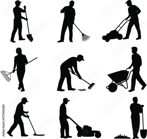 Gardening silhouettes, landscaping workers, lawn care, yard maintenance, outdoor tools, shovel, rake, wheelbarrow, lawnmower, weed trimmer, planting, farming, agriculture, seasonal work