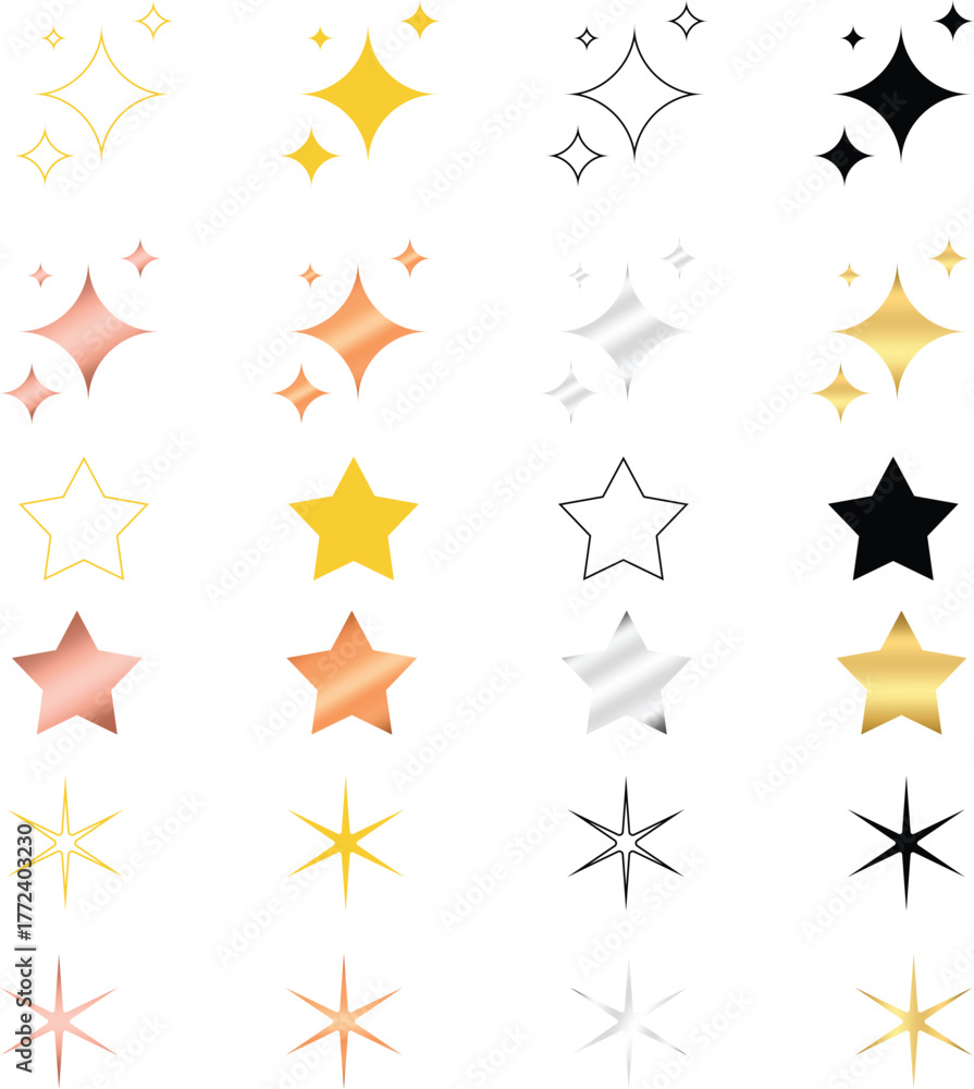 Obraz premium Star icon set in Gold, Silver, Black and Yellow – Shiny Decorative Sparkle and Glow Vector Collection