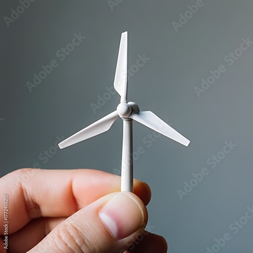 Close-up of fingers gently pinching a tiny wind turbine model.