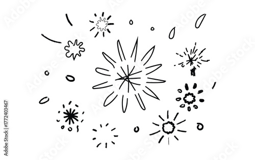Hand drawn abstract starbursts and sparkles in a circular pattern on a white background