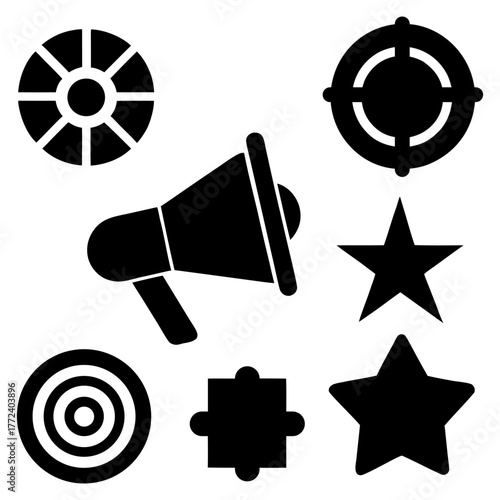 Promotion and audience reach concept — megaphone, banner, and review icons.
