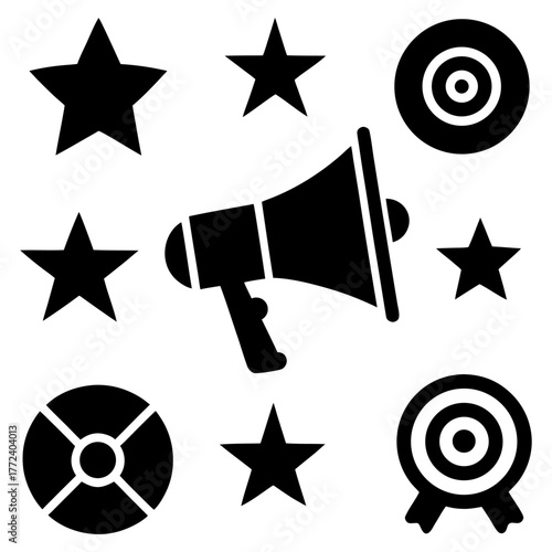 Megaphone, ad banner, target audience, and review star icon on white background.