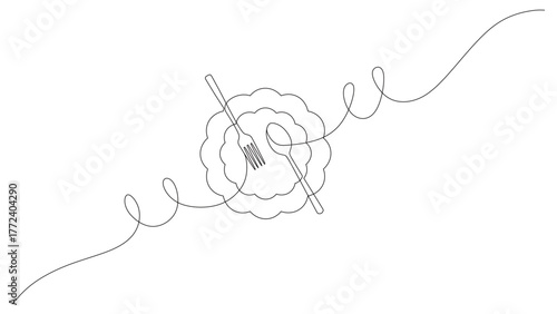 Continuous line art of a cutlery set consisting of a flower-shaped plate, spoon, and fork with curved and swirling lines. This icon is for a restaurant sticker or banner. Vector illustration.