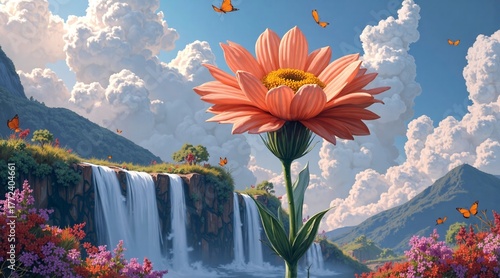 A dreamy, surreal landscape featuring floating cliffs with cascading waterfalls, lush pink and orange flowers blooming on rocky outcrops, and butterflies dancing in a sky 
