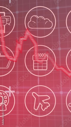 Financial data and icons animation over red fluctuating graph background