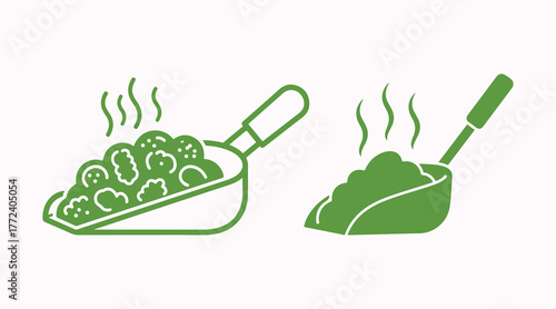 Silhouette of a manure scoop that has a smell. Outline icon depicting organic fertilizer for plants. Simple green illustration for agriculture and farming. Flat isolated vector graphic on a white back