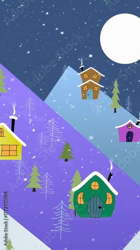 Snowy mountain village with colorful houses and trees, winter night animation