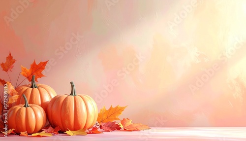 Pastel background with soft light and 3D rendered pumpkins in the corner, ideal for modern Autumn, Thanksgiving, or Halloween digital design.