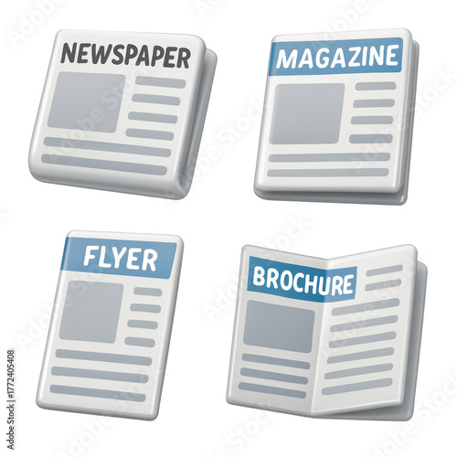Four 3D Plastic Style Icons Representing Newspaper Magazine Flyer And Brochure Elements Isolated On A Transparent Background