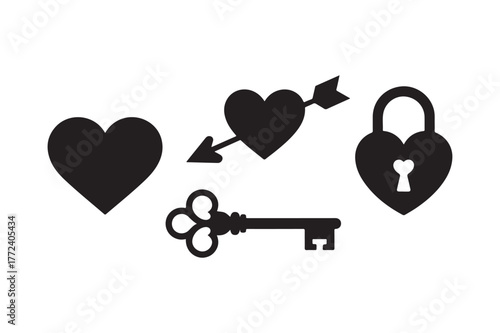 Black silhouette icons of heart lock key and arrow
