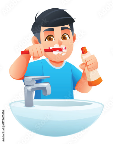 Young boy brushing his teeth with foam and holding a tube of toothpaste over the sink. Vector cartoon illustration