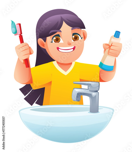 Smiling girl holding a toothbrush with toothpaste and a tube of toothpaste over the sink. Vector cartoon illustration