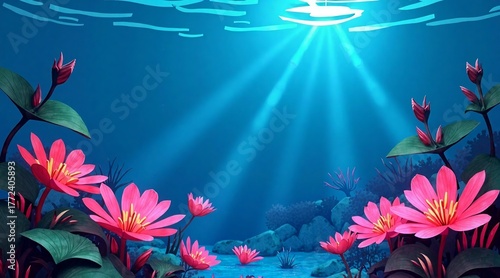 A vibrant underwater seascape featuring glowing red and orange flowers amidst surreal, coral-like formations in shades of purple and blue. Sunlight filters through the deep ocean