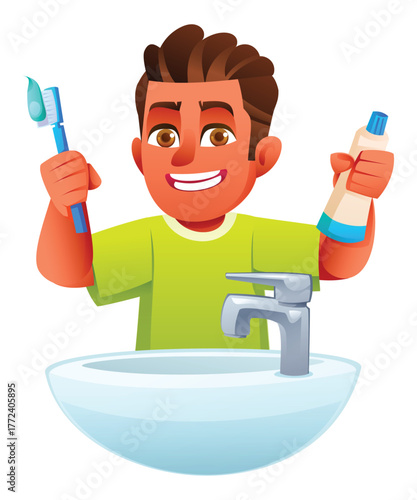 Happy boy holding a toothbrush with toothpaste and a tube of toothpaste over the sink. Vector cartoon illustration
