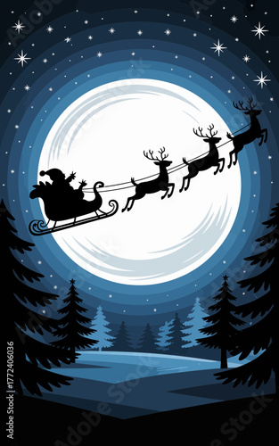 Santa claus and reindeer flying through the night sky over a snowy forest