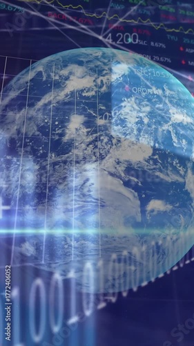 Globe and financial data processing animation over digital graphs and charts