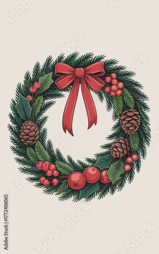 Festive christmas wreath with pinecones berries and red bow