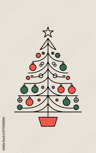 Minimalist christmas tree with red and green ornaments