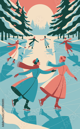 Vintage style ice skaters enjoying a winter day outdoors