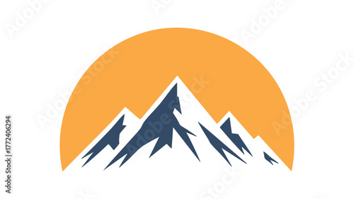 Majestic mountain peaks silhouette behind a warm sunrise emblem for outdoor adventure and nature branding vector