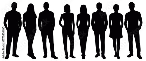 Silhouette set of ten standing men and women in anatomical front view, showing balanced body proportions and various postures for medical, anatomy, business, and creative design