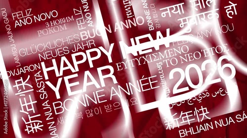 Happy New Year 2026 worldwide New Year's Eve celebration red international wishes word traduction colorful words tag cloud text white greetings animation