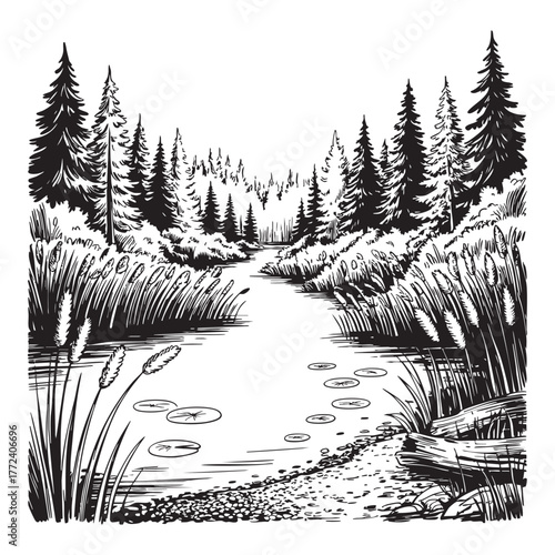 Black and white illustration of a forest river with reeds and pine trees stream water
