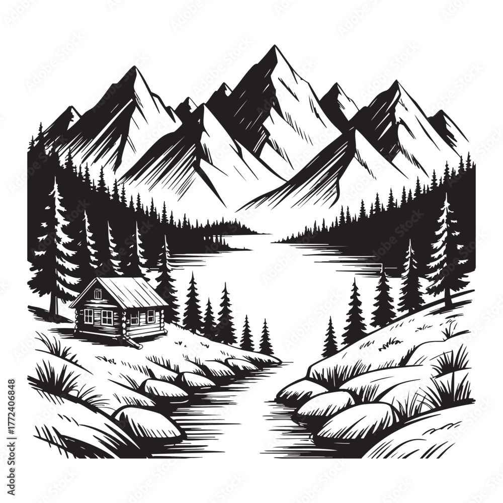 Fototapeta premium Black and white illustration of a log cabin by a lake with mountains and pine trees forest