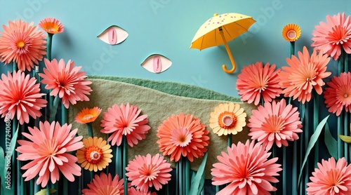 A whimsical paper-cut scene featuring vibrant pink and orange flowers, a yellow umbrella, and two playful eyes peeking from behind a green hill  all set against a soft teal background.